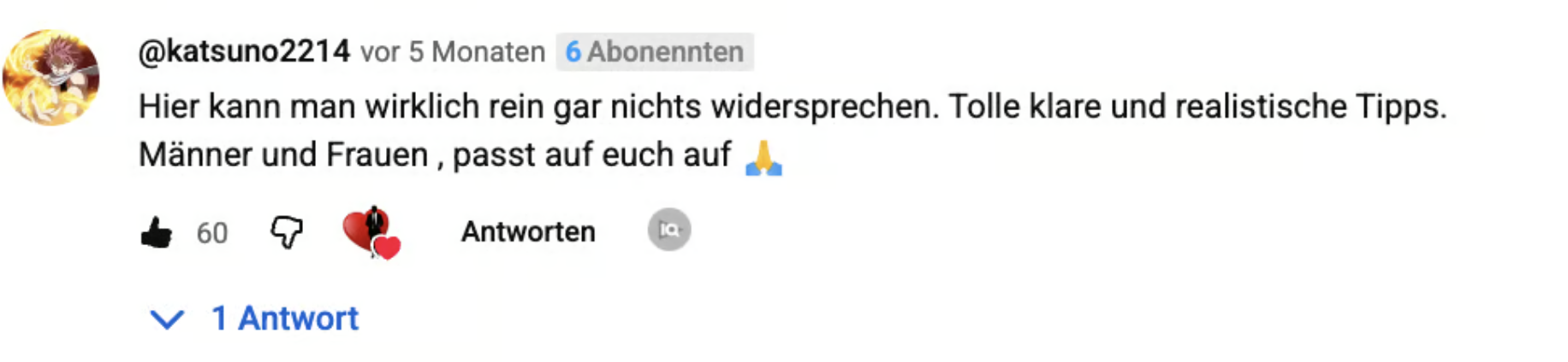 YouTube-Kommentar von katsuno2214: Tolle klare und realistische Tipps