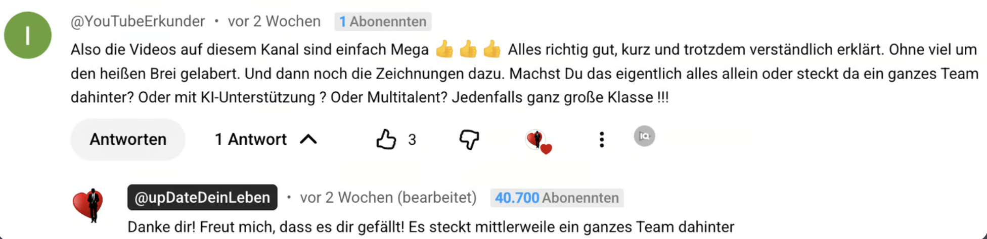 YouTube-Kommentar von YouTubeErkunder: Die Videos sind einfach Mega